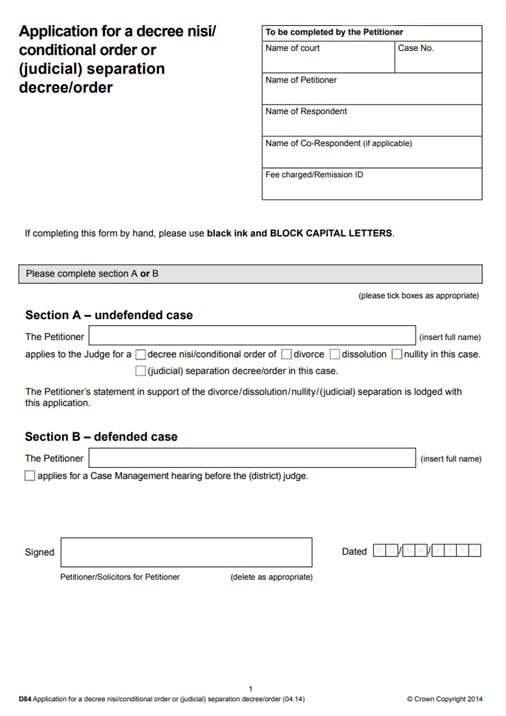 D84 application form to get a decree nisi
