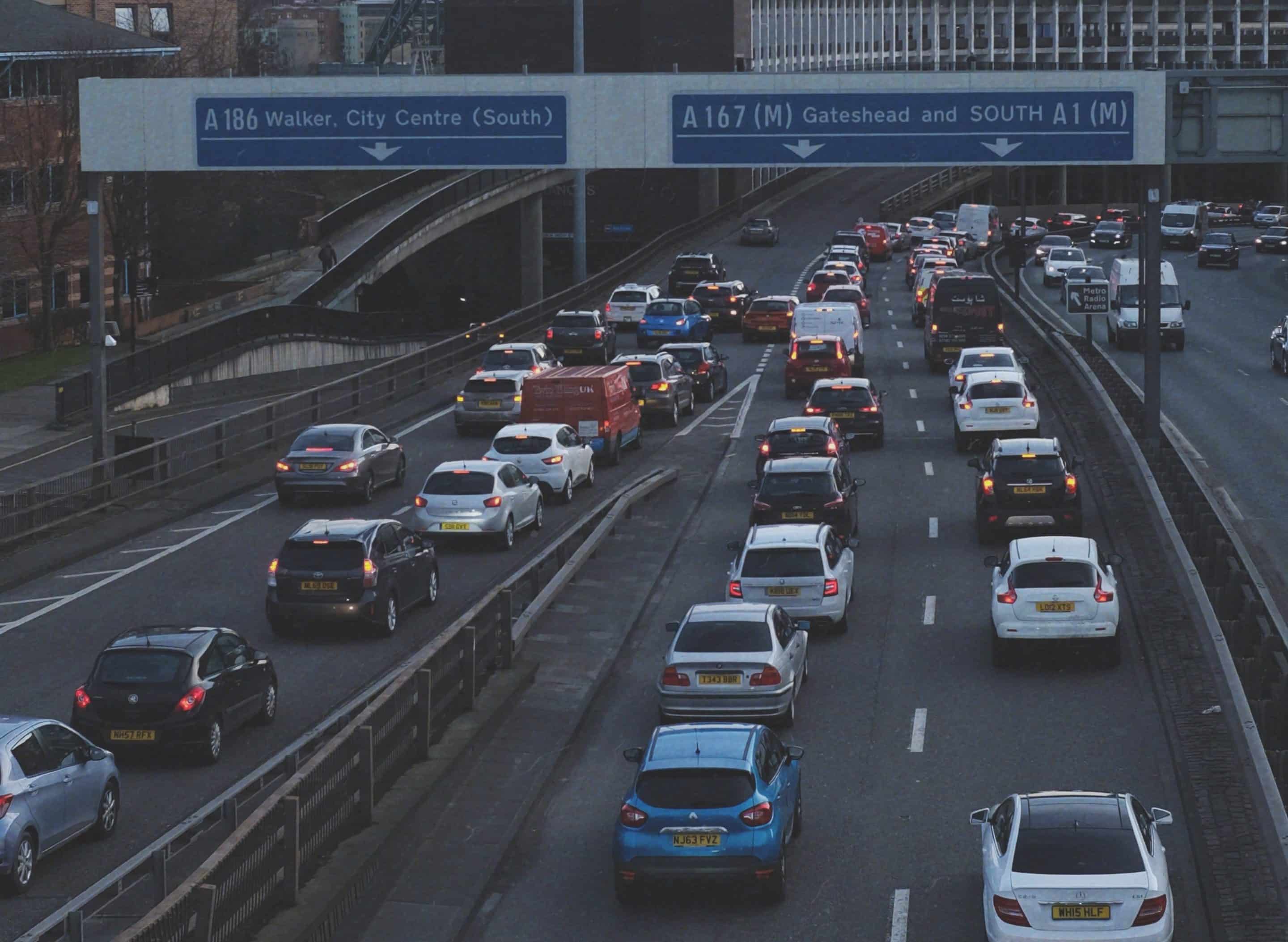 Traffic allowing to overtake on the left as permitted by road rules in the UK.